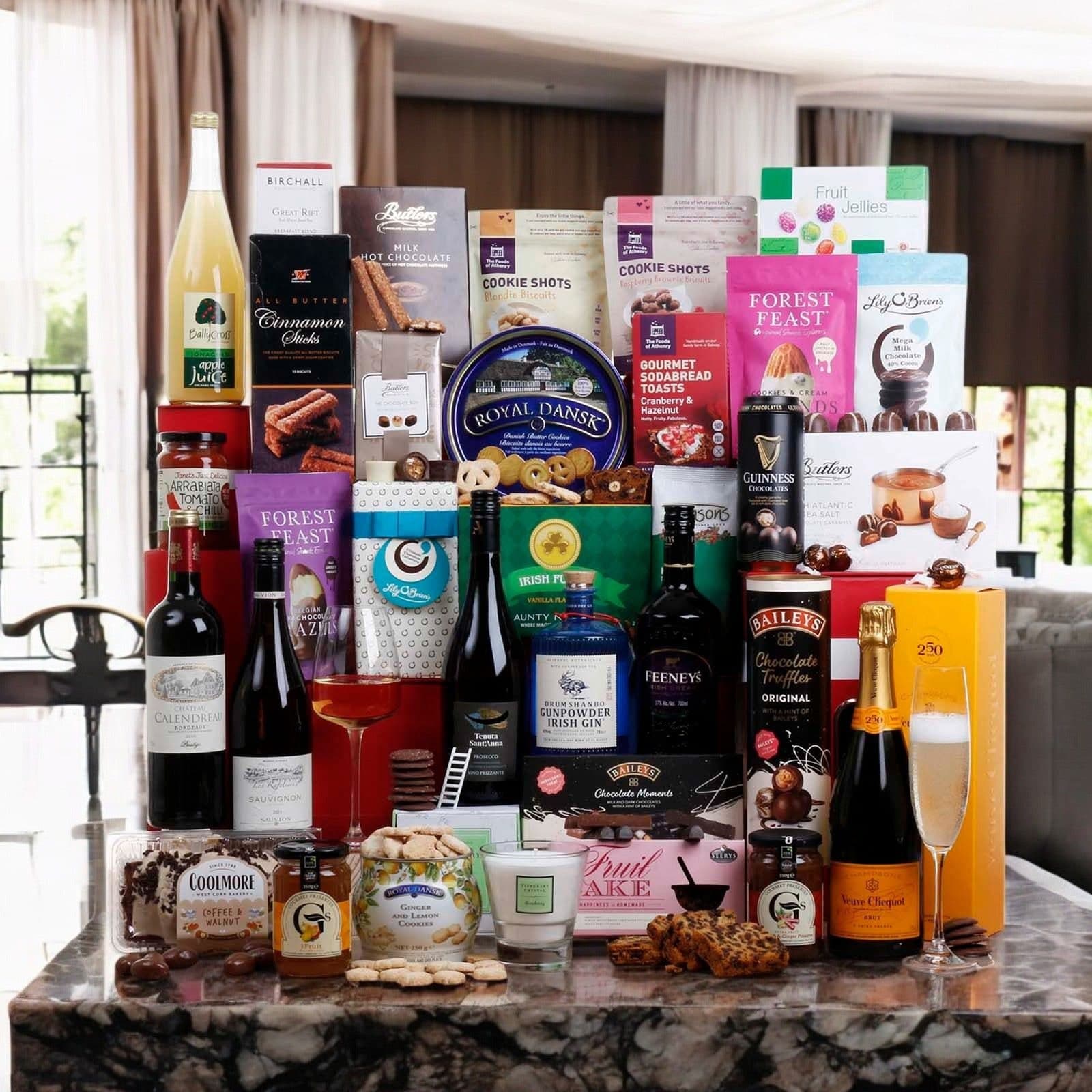 A wall of hamper products to choose from