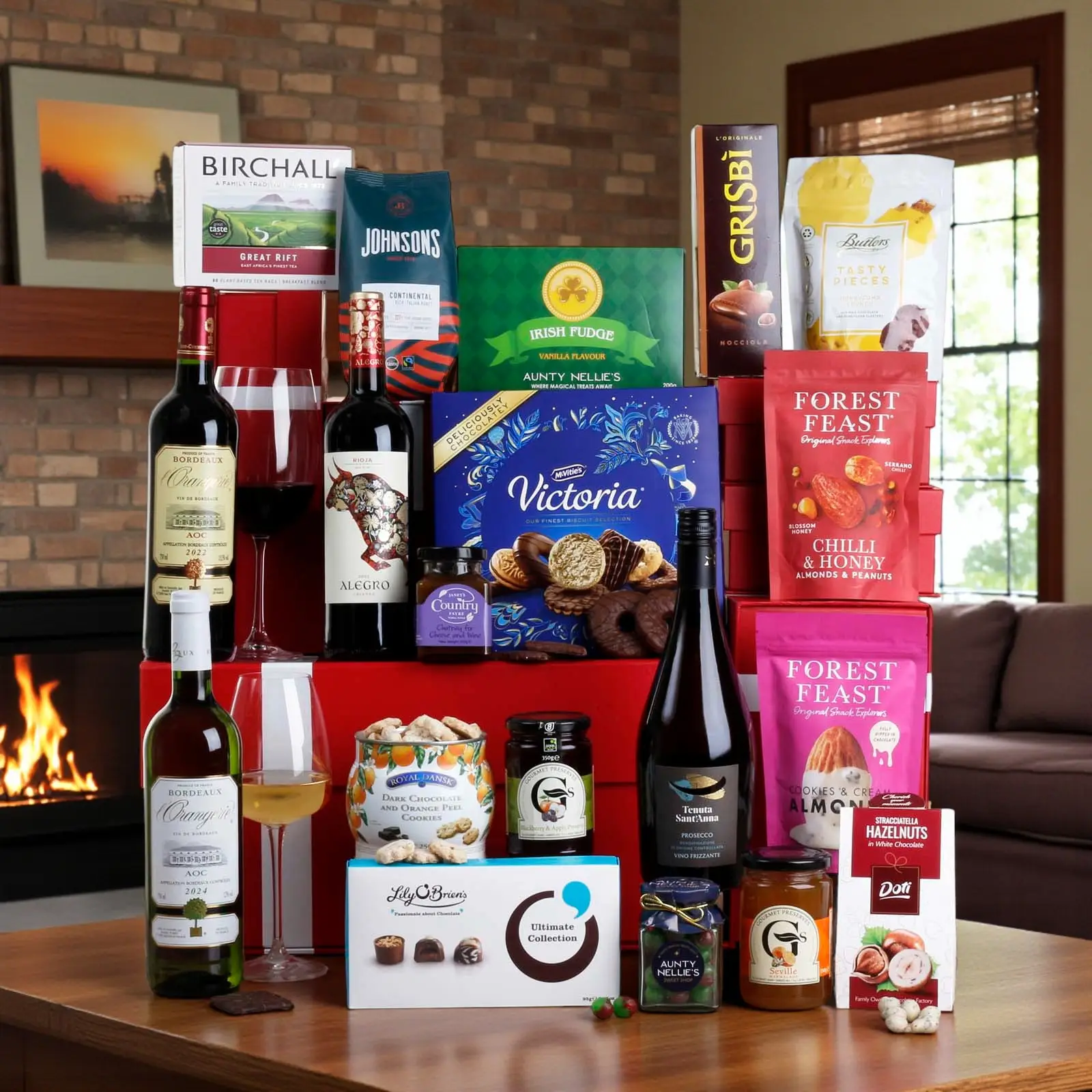 An open red gift box hamper ready to deliver